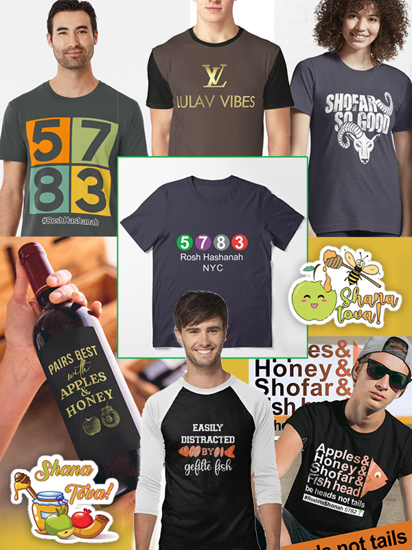 Rosh Hashanah t-shirts, wine labels, post cards and more